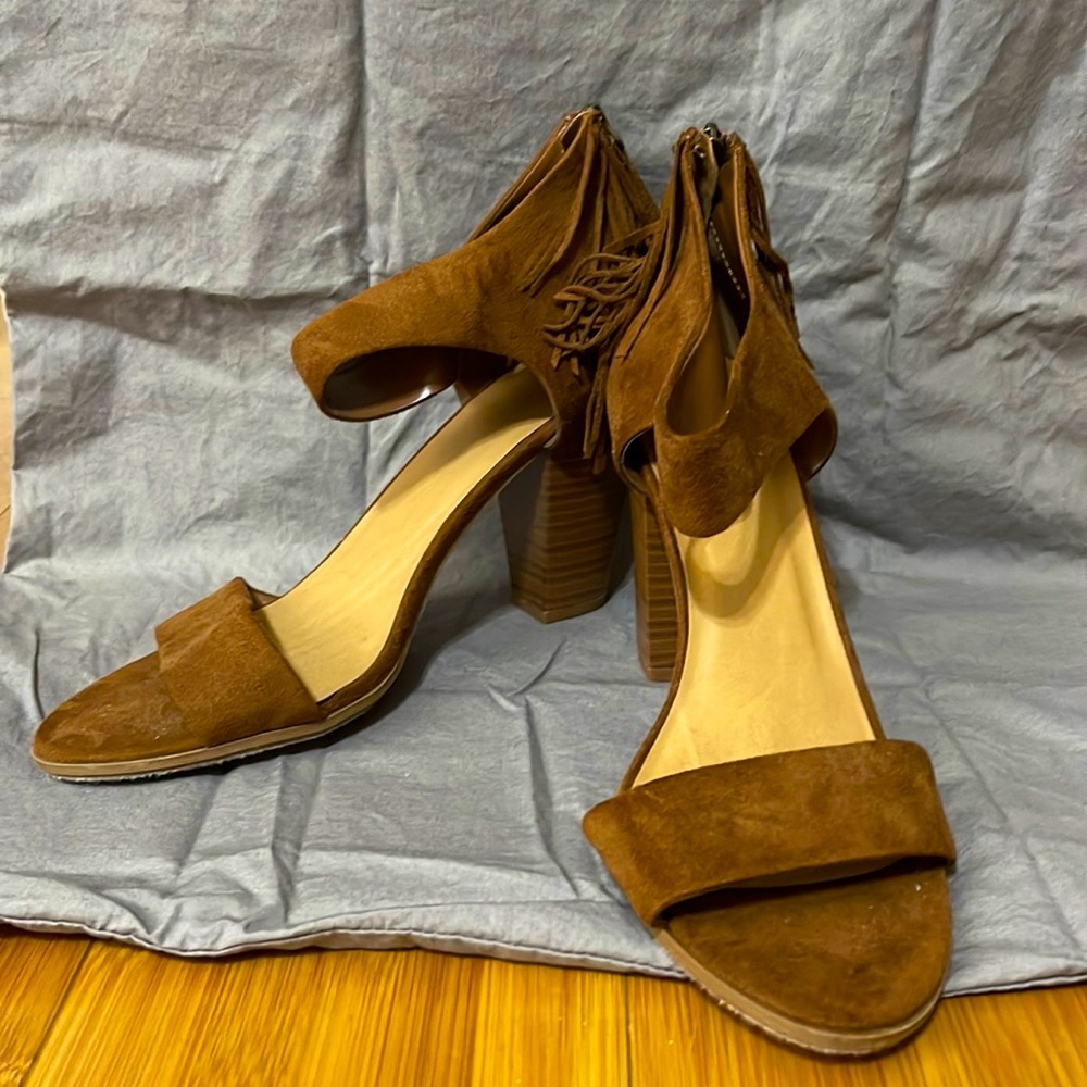 Brown Suede open toed heels. Size 10. Worn once